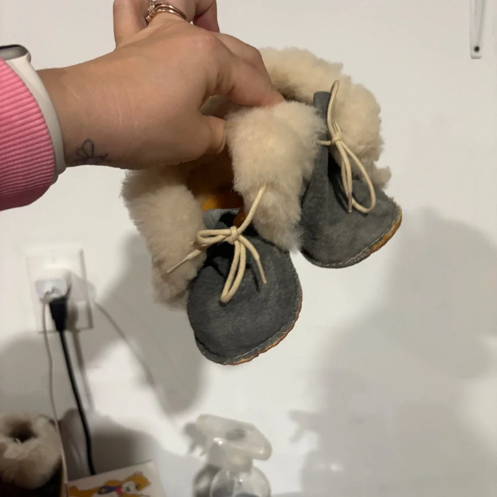 Handmade Infant Suede Sheepskin Shearling Moccasin Booties Grey Tan Toddler 5